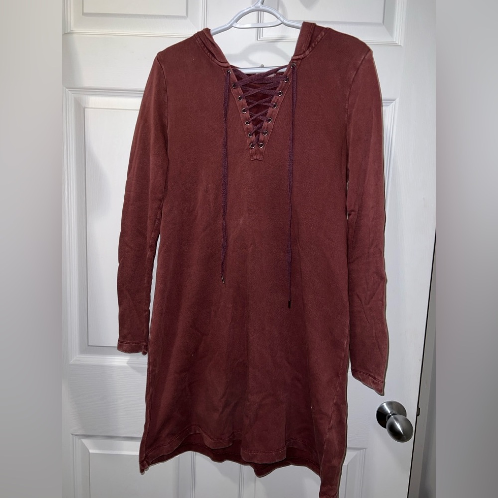 Maroon Hooded Long Sleeve Dress